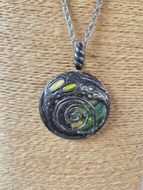 Vintage Silver-toned Metal Medallion & Iridescent Abalone Shell Inlay Koru Motif